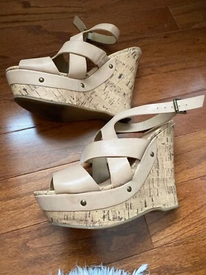 Guess Womens Nude Platform Peep Toe Wedge Cork Sandals, Sz 8M - Image 1 of 4