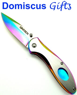 7" NEW! WARTECH Ice BLUE Rainbow Spring Assisted POCKET KNIFE Folding Knives - Image 1 of 4