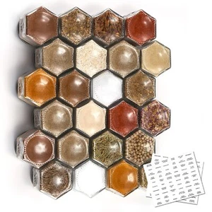 Set of 24 Magnetic Spice Jars for Refrigerator Hexagon Glass with Shaker Lids - Picture 1 of 7