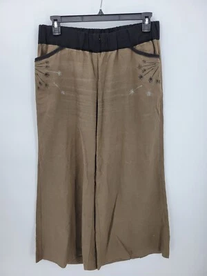 Pantalones B&O Mujer XL Marrón Pierna Ancha Bordados Pull On Art to Wear Lagenlook Foto 1 de 4