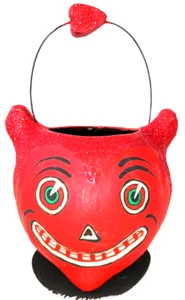 Vintage Dept 56 Red Devil Paper Mache Basket Glitter Halloween Bucket Pail - Picture 1 of 7