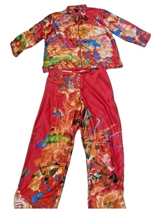 Natori 2 Pc Pajama Set Women Medium Red Asian Inspired Luxury Lounge Satin Silky - Picture 1 of 16