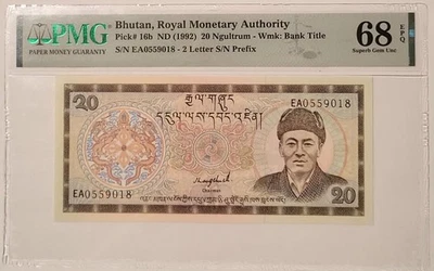 Billete de 20 Ngultrum Bután 1992 excelente gema sin circular 68 EPQ PMG Foto 1 de 4