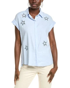 Elie By Elie Tahari Collared Linen-Blend Top Star Blouse color Blue size M NEW - Picture 1 of 3