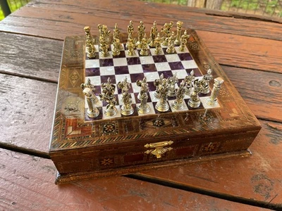 Pearl Chessbox w Unique Chessboard - Historical Chess Piece - Handmade Game Set - Image 1 of 4
