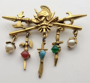 Vintage Knight Heraldic Swords Faux Jewel Dangle Brooch Pin Masonic Fraternal  - Picture 1 of 5