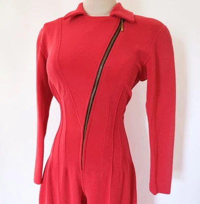 Mono body discoteca con cremallera frontal rojo spandex de los años 80 con cuello en V hundido XS/S Foto 1 de 4