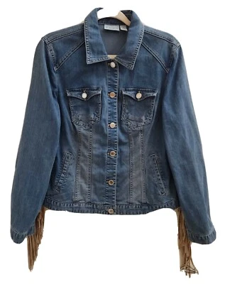 铂金褪色蓝色领纽扣牛仔夹克,带流苏长袖,尺寸 1 — 第 1/4 张图片