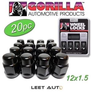 (20pc.) Gorilla Lug Nuts + Wheel Locks combo, 12x1.5, Bulge Acorn, Black Chrome - Picture 1 of 5