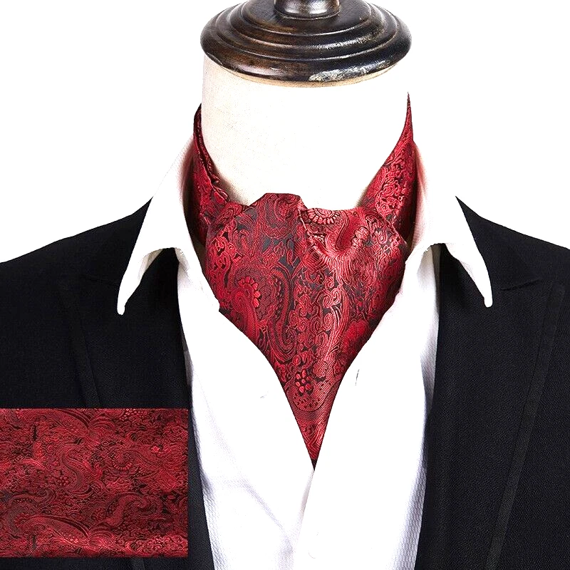 Classic Men's Ascot Cravat Tie Silk Paisley Red Scarves Cravat Hanky Set - Image 1 of 1