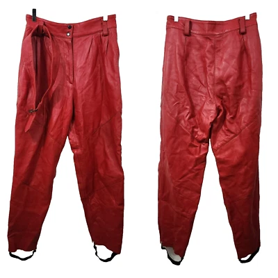 Vintage 80s 90s Red Leather Trouser Pant High-Rise Tapered Leg Size 18 Stirrups - Image 1 of 4