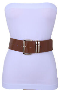Women Black Brown Red Silver Faux Leather Waistband Belt Gold Buckle Size M L XL