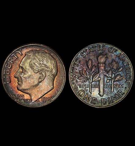 MS66 1957 10C Roosevelt Silver Dime, PCGS Secure- Pretty Mint Set Toned Cover