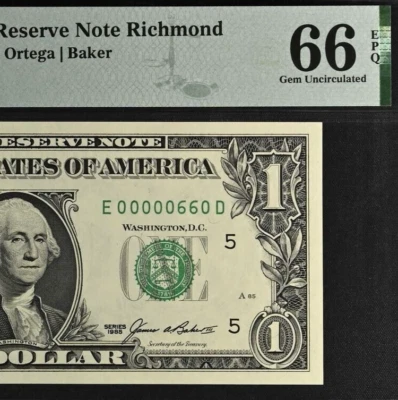 1985 $1 FRN Richmond PMG 66EPQ birthday low serial number 00000660 - Image 1 of 3