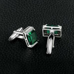 2.50Ct Emerald Lab Created Emerald Men's Halo Cufflinks 14K White Gold Finish