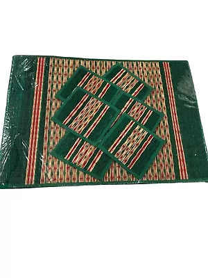 Handwoven place mat set for 6 with matching coasters Green Red New - Image 1 of 3