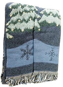 New LL Bean Throw Blanket-Cotton Woven Tapestry Snow Winter Scene 46”x60" USA - Picture 1 of 9