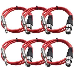 6 Pack of 3 Foot Red XLR Female to TRS Patch Cables PA DJ Cords XLRF to 1/4" - Picture 1 of 4