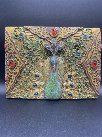Peacock Wall Art Hanging Plaque 3D Raised Cast Glitter Jewels & Gems Vintage Cover
