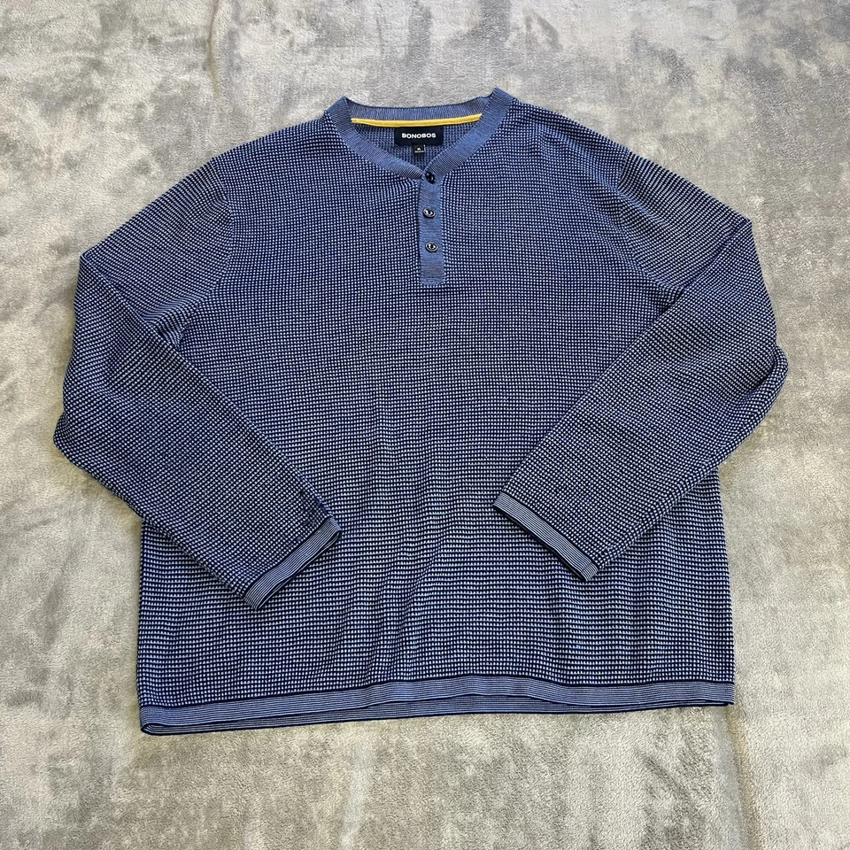 Suéter masculino Bonobos XL mistura de lã merino pescoço Henley malha azul - Imagem 1 de 4