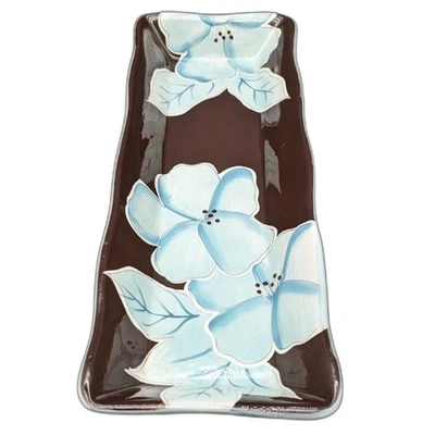 Plato Gates Ware By Laurie Gates 18" Marrón Azul Blanco Floral Plato LEER Foto 1 de 4