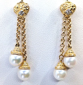 14k Yellow Gold Pearl Diamond Accent Heart Dangle Tassel Chain Earrings - Picture 1 of 12