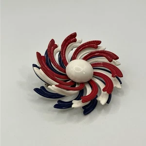 Vintage 3D Pinwheel Swirl Brooch Pin 2.5" Enameled Layered Metal Red White Blue - Picture 1 of 8