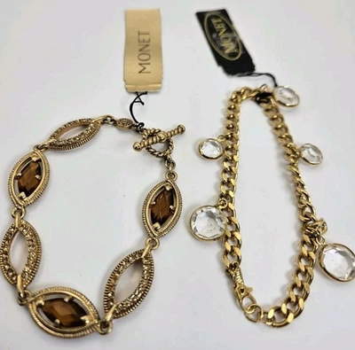 Lote De 2 Pulseras Monet Cristal Estrás Tono Dorado Nuevas Con Etiquetas Brillantes Foto 1 de 4