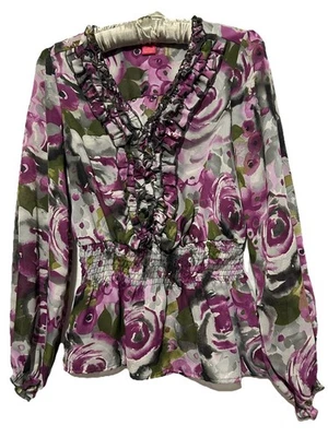 Sunny Leigh Top M Purple Green Boho Floral Print Silky Fairycore Shirt Blouse - Image 1 of 4