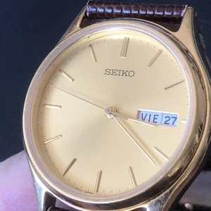 Seiko Watch Men Champagne Dial Gold Tone Spanish Day Date 7N43-8A99 - Picture 1 of 6