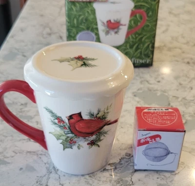 New Vintage Christmas Cardinal Winter Song Coffee Tea Mug Lid Coaster Infuser - Image 1 of 4