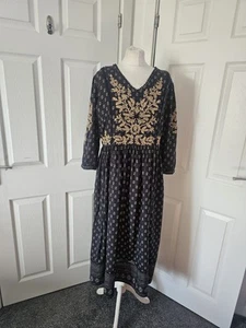 Ostindisches Midikleid Blockprint Stufen Größe 14 Applikation Perlenmuster - Bild 1 von 14