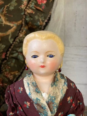Poupée Ancienne Coiffure Alice en Cire et papier mâche bois - Photo 1/4