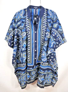 Lands End Women's L Blue Kaftan Cover-Up Button Up Short Sleeve Top Shirt NWT - Picture 1 of 6
