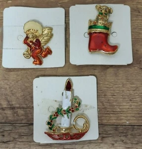 3 Christmas Pins- Angel, Dog In Stocking, And Candle - Picture 1 of 7