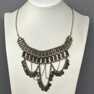 Silver Coin Necklace Ethnic Tribal Hammered Bib Collar Oxidized Egyptian Boho 9" - Picture 1 of 14