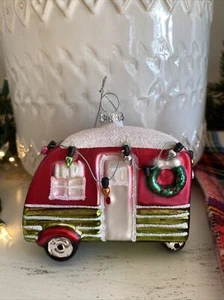 Camper Trailer RV Christmas Ornament Glass Retro Pink Green Christmas Lights NEW - Picture 1 of 6