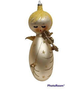 Vtg De Carlini Gold Angel w/ Stars Playing Violin Glass Christmas Ornament 6" - Picture 1 of 13