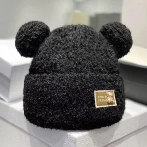 Cute Plush Bear Ear Beanie Hat Women Winter Knit Warm Bonnet Caps Skull Cap - Picture 1 of 14