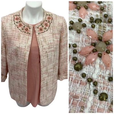 Alfred Dunner Blazer Womens Petite 12 Top Pocket Tweed Beaded Peach Old Money — 第 1/4 张图片