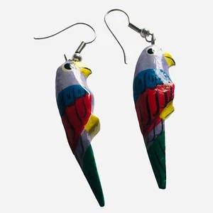 Vintage Parrot Wooden Dangle Pierced Earrings Hand Painted Indonesia 1.75 Inch - Picture 1 of 3