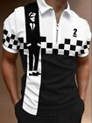 ⭐Polo T Shirt Men Zipper Collar 2 Tone White Black Contrast Checkered Golf Dress