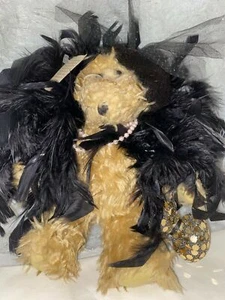 Polly’s Kin ~ 11 Zoll Lula Ziff Teddybär mit Federn, Perlen, Glitzerball & Etikett - Bild 1 von 10