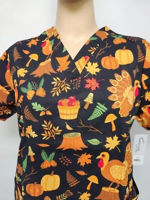Womens Scrub Top Butter-Soft by UA Cotton Blend Thanksgiving Turkeys 2 Pocket - Image 1 of 4
