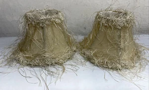 Set of 2 Small Clip on Lamp Shades Off White 4” tall x 6” diam Lace Fuzzy Trim - Picture 1 of 3