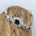 Sterling Silver Floral Dragon Bone Chain Bracelet with Garnet and Amethyst