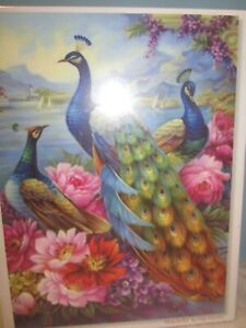 1000 Pc Jigsaw Puzzle  20X27" FINISHED  PEACOCKS  FLOWERS