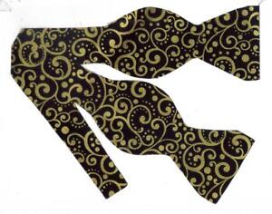 Black & Gold Bow tie / Metallic Gold Dots & Curls on Black / Self-tie Bow tie