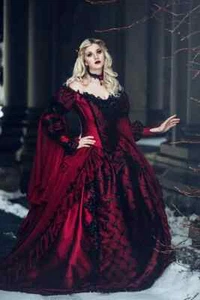 Gothic Winter Medieval Wedding Dresses Red and Black Renaissance Fantasy - Picture 1 of 16