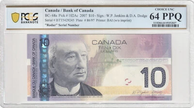 2007 BTT 5429245 Bank of Canada BC-68a $10 "Radar" Note PCGS 64 PPQ CUNC @#1355 - Image 1 of 2